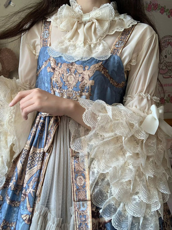 スイートロリータブラウス ロリータトップス フリルリボン 長袖ブラウス エクリュホワイトロリータシャツ