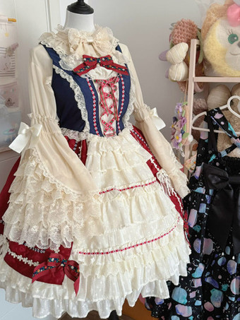 スイートロリータブラウス ロリータトップス フリルリボン 長袖ブラウス エクリュホワイトロリータシャツ