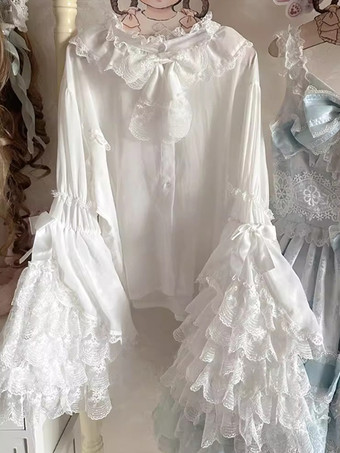 スイートロリータブラウス ロリータトップス フリルリボン 長袖ブラウス エクリュホワイトロリータシャツ