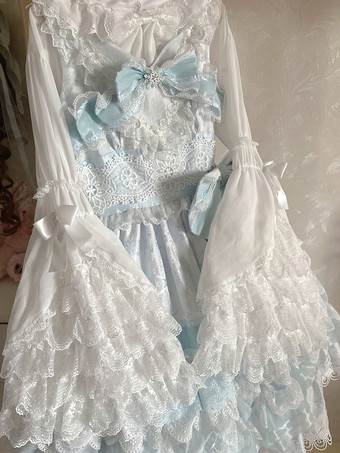 ホワイト スイートロリータブラウス ロリータトップス フリルリボン 長袖ブラウス エクリュホワイトロリータシャツ