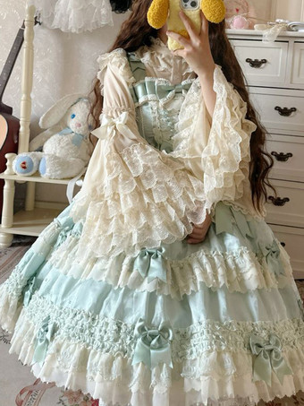 スイートロリータブラウス ロリータトップス フリルリボン 長袖ブラウス エクリュホワイトロリータシャツ