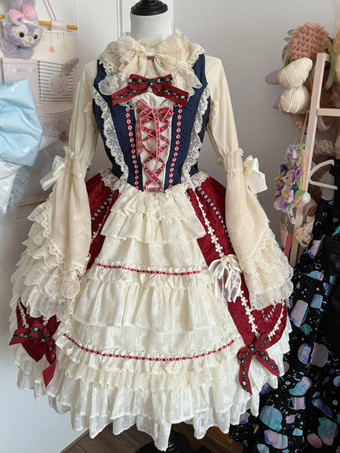 スイートロリータブラウス ロリータトップス フリルリボン 長袖ブラウス エクリュホワイトロリータシャツ