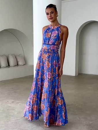 2025年夏向け、ホルターネックライン、オープンバック、花柄マキシドレス