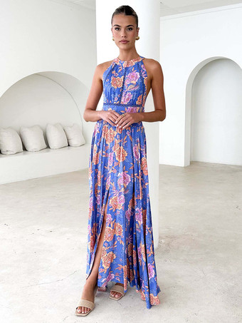 2025年夏向け、ホルターネックライン、オープンバック、花柄マキシドレス