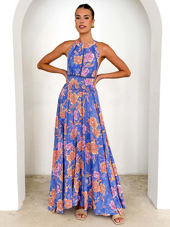 2025年夏向け、ホルターネックライン、オープンバック、花柄マキシドレス