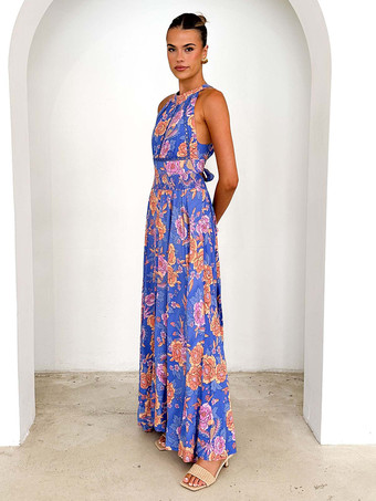 2025年夏向け、ホルターネックライン、オープンバック、花柄マキシドレス