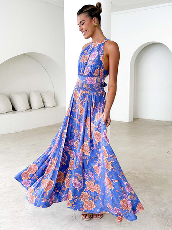 2025年夏向け、ホルターネックライン、オープンバック、花柄マキシドレス