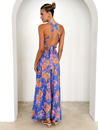 2025年夏向け、ホルターネックライン、オープンバック、花柄マキシドレス