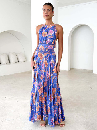 ブルー 2025年夏向け、ホルターネックライン、オープンバック、花柄マキシドレス