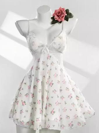 女性用ベビードールランジェリー ホワイトレース 花柄 ポリエステル セクシーパジャマ