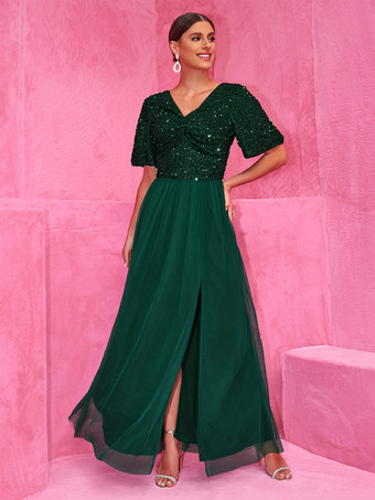 2025年のイブニングイベントに最適な、ハイスリット入りスパンコール付きダークグリーンマキシパーティードレス