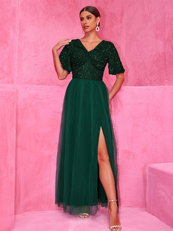 2025年のイブニングイベントに最適な、ハイスリット入りスパンコール付きダークグリーンマキシパーティードレス