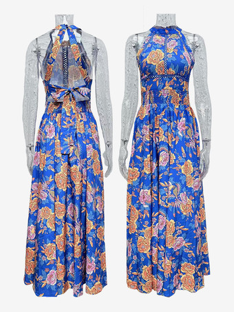 2025年夏向け、ホルターネックライン、オープンバック、花柄マキシドレス