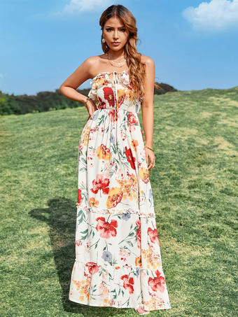 オレンジ2025年夏にぴったりの花柄ノースリーブマキシドレス