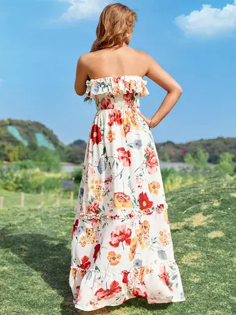 Abito lungo da donna con fiori di papavero, senza maniche, maxi abito prendisole, abito da spiaggia, abito da sera, taglia L