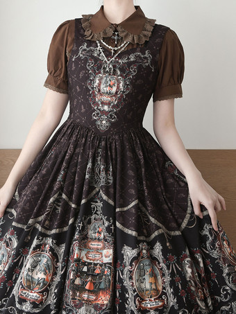 ブラウンレースフリルロリータブラウス 半袖ロリータトップブラウス エクリュホワイトロリータシャツ