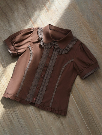 レースフリルロリータブラウス 半袖ロリータトップブラウス エクリュホワイトロリータシャツ