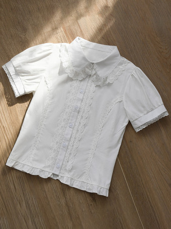 レースフリルロリータブラウス 半袖ロリータトップブラウス エクリュホワイトロリータシャツ