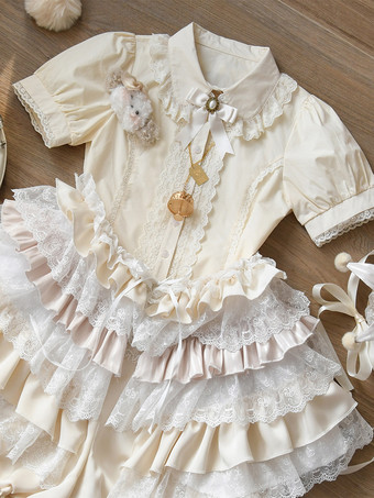 レースフリルロリータブラウス 半袖ロリータトップブラウス エクリュホワイトロリータシャツ