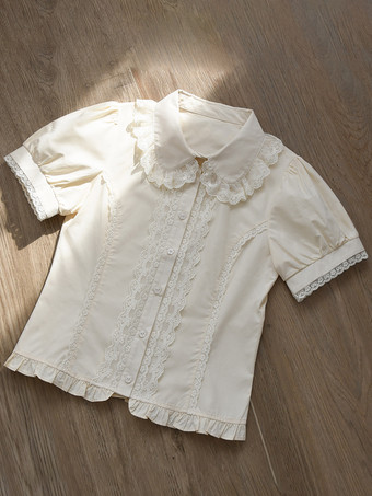 レースフリルロリータブラウス 半袖ロリータトップブラウス エクリュホワイトロリータシャツ