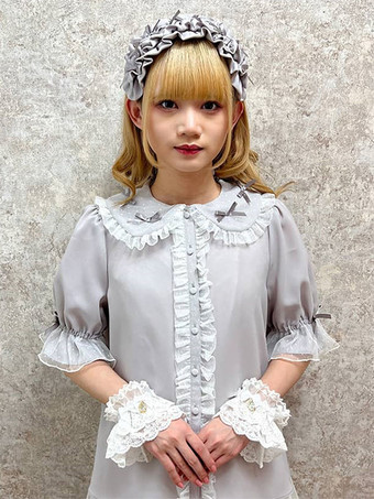 グレイスイートロリータブラウス パープルロリータトップス 半袖フリルレースロリータシャツ