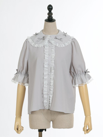 スイートロリータブラウス パープルロリータトップス 半袖フリルレースロリータシャツ