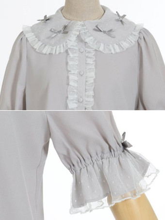 スイートロリータブラウス パープルロリータトップス 半袖フリルレースロリータシャツ