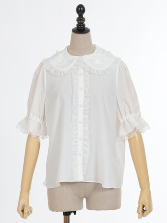 スイートロリータブラウス パープルロリータトップス 半袖フリルレースロリータシャツ