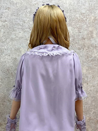 スイートロリータブラウス パープルロリータトップス 半袖フリルレースロリータシャツ