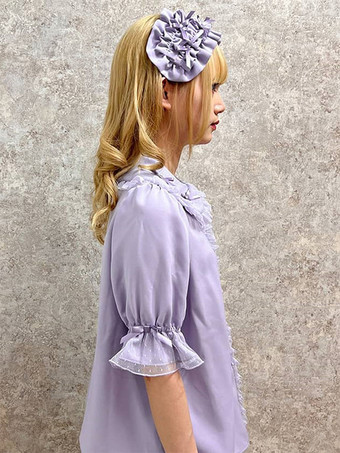 スイートロリータブラウス パープルロリータトップス 半袖フリルレースロリータシャツ