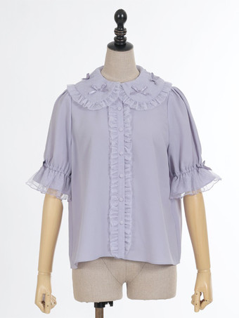 スイートロリータブラウス パープルロリータトップス 半袖フリルレースロリータシャツ
