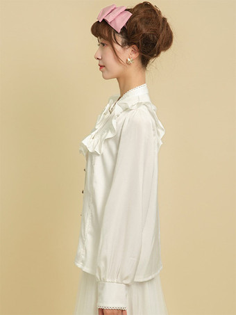 スイートロリータブラウス リボン フリル 長袖ブラウス ロリータトップス ホワイトロリータシャツ