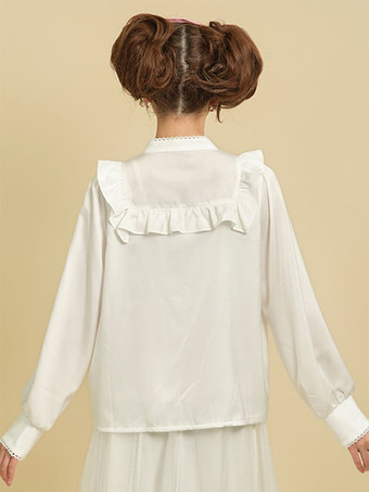 スイートロリータブラウス リボン フリル 長袖ブラウス ロリータトップス ホワイトロリータシャツ
