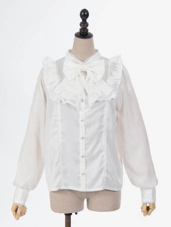 スイートロリータブラウス リボン フリル 長袖ブラウス ロリータトップス ホワイトロリータシャツ