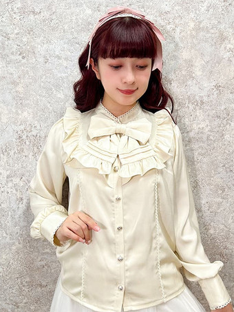 アイボリー スイートロリータブラウス リボン フリル 長袖ブラウス ロリータトップス ホワイトロリータシャツ