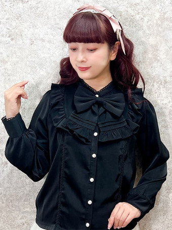 ブラック スイートロリータブラウス リボン フリル 長袖ブラウス ロリータトップス ホワイトロリータシャツ