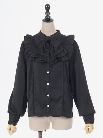 スイートロリータブラウス リボン フリル 長袖ブラウス ロリータトップス ホワイトロリータシャツ