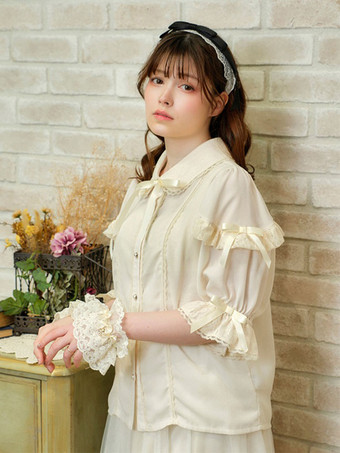 スイートロリータブラウス ロリータトップス リボン フリル ハーフスリーブブラウス ホワイトロリータシャツ