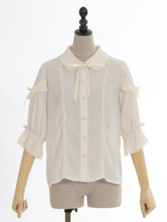 スイートロリータブラウス ロリータトップス リボン フリル ハーフスリーブブラウス ホワイトロリータシャツ