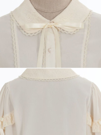 スイートロリータブラウス ロリータトップス リボン フリル ハーフスリーブブラウス ホワイトロリータシャツ