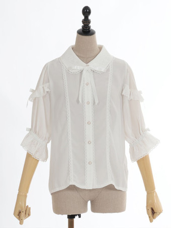 ホワイト スイートロリータブラウス ロリータトップス リボン フリル ハーフスリーブブラウス ホワイトロリータシャツ