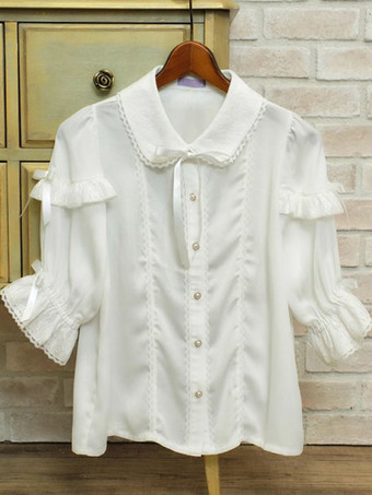 スイートロリータブラウス ロリータトップス リボン フリル ハーフスリーブブラウス ホワイトロリータシャツ
