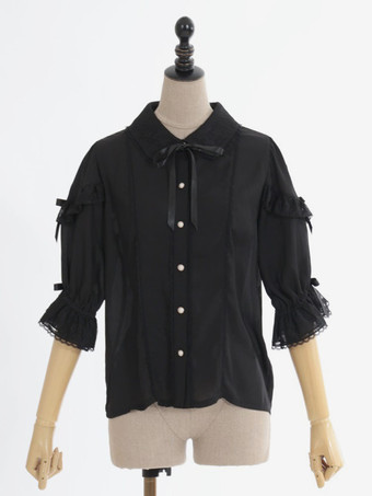 ブラック スイートロリータブラウス ロリータトップス リボン フリル ハーフスリーブブラウス ホワイトロリータシャツ