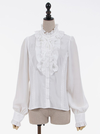 ホワイト スイートロリータブラウス エクリュホワイトロリータトップス 長袖フリルロリータシャツ