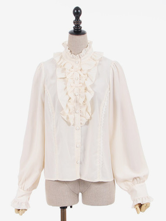 アイボリー スイートロリータブラウス エクリュホワイトロリータトップス 長袖フリルロリータシャツ