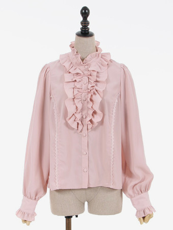 ピンクスイートロリータブラウス エクリュホワイトロリータトップス 長袖フリルロリータシャツ