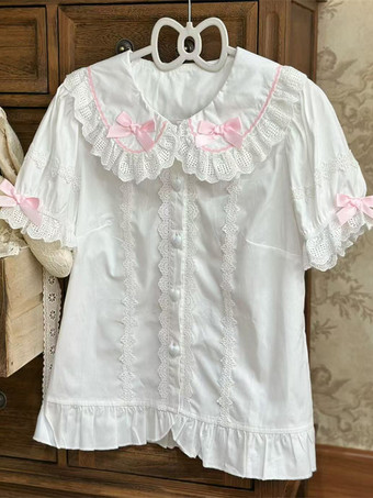 ピンクスイートロリータブラウス ロリータトップス ピンク 半袖 フリル リボン カラーブロック ロリータシャツ