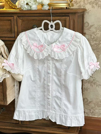 スイートロリータブラウス ロリータトップス ピンク 半袖 フリル リボン カラーブロック ロリータシャツ