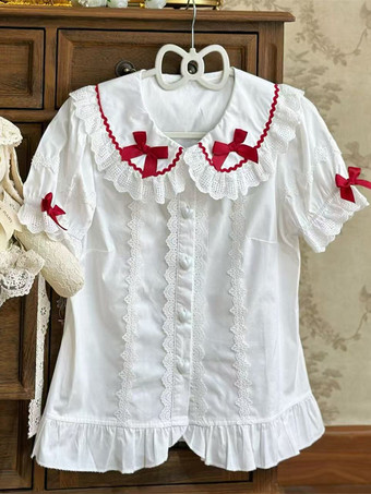 レッド スイートロリータブラウス ロリータトップス ピンク 半袖 フリル リボン カラーブロック ロリータシャツ