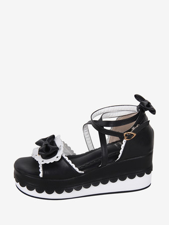 スイートロリータサンダル ブラック 蝶結び PUレザー 夏 かわいい シューズ